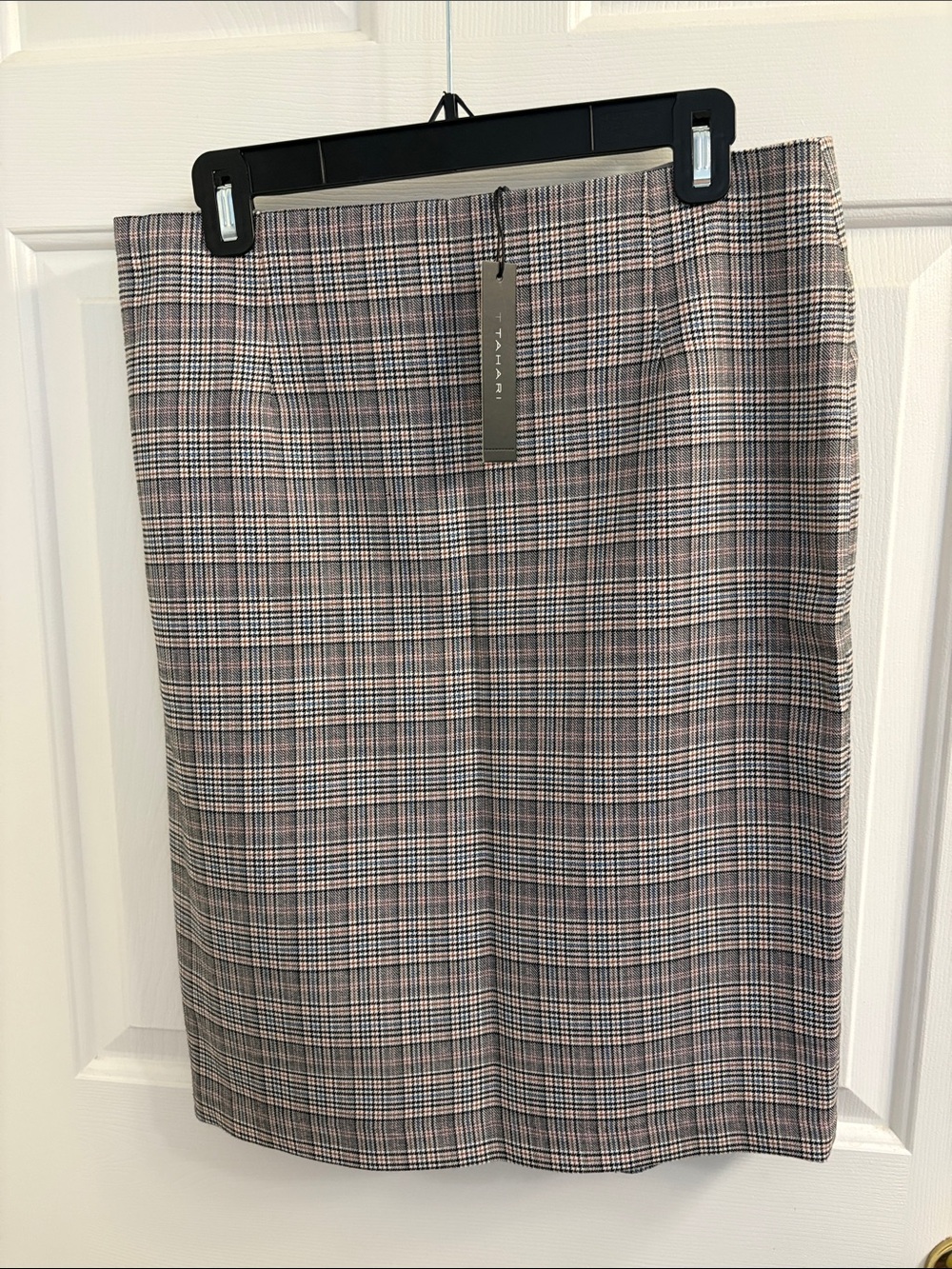 Tahari Plaid Pencil Skirt in Pink and Gray